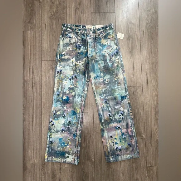 Free People Tennessee Low Rise Illusion Jeans Floral Canvas Paint Splatter Sz 28 - Picture 2 of 11